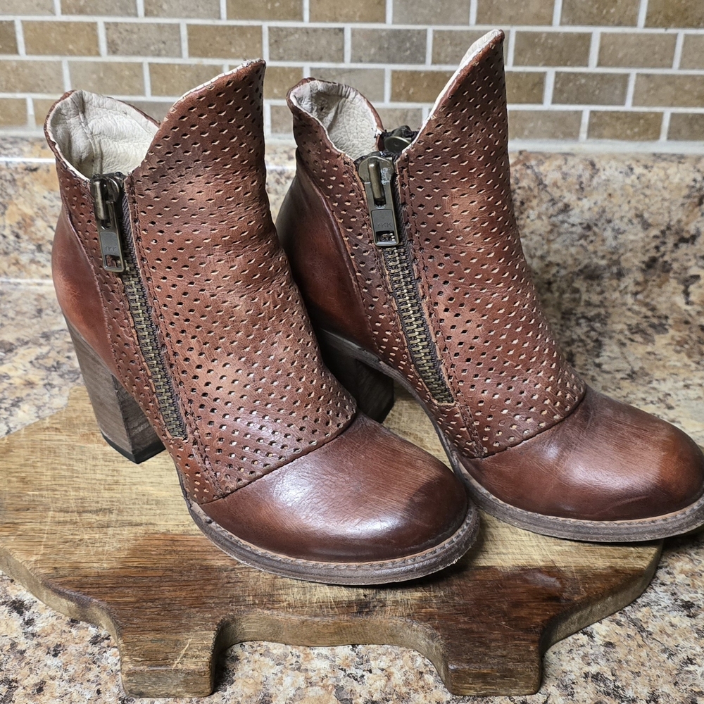 Freebird Brown Leather Ankle Booties with Perforated Design